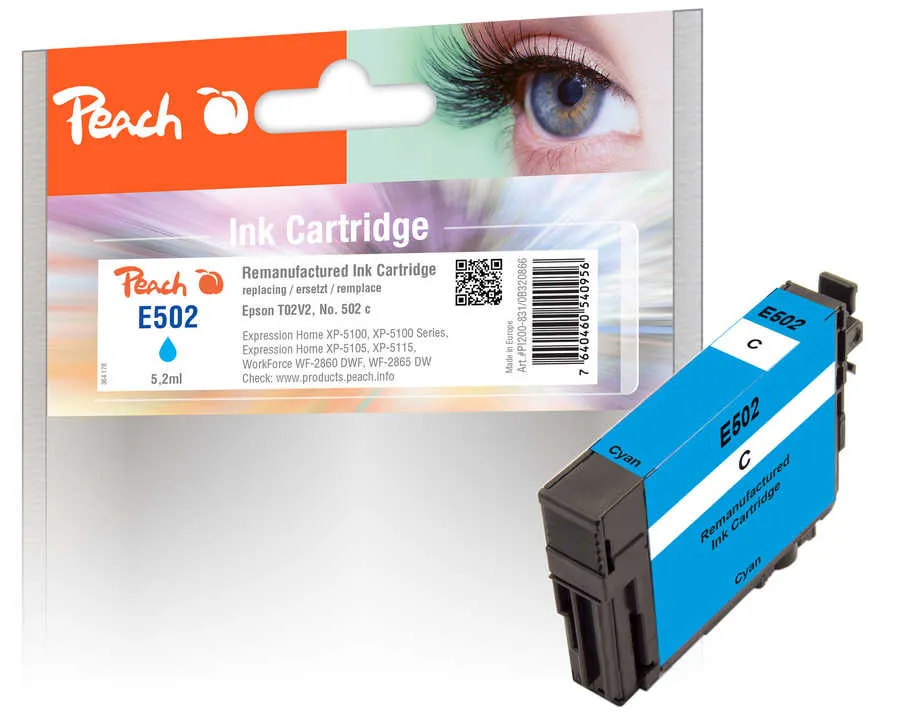 Peach Cartouche d'encre  cyan, compatible avec
 No. 502C, C13T02V24010 Epson Expression Home XP-5100