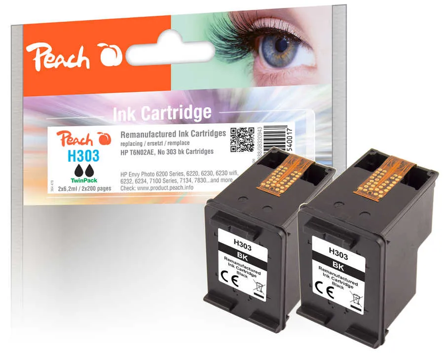 Peach  Double Pack tête d'impression noir, compatible avec
 No. 303 BK*2, T6N02AE*2 HP Envy Photo 6234