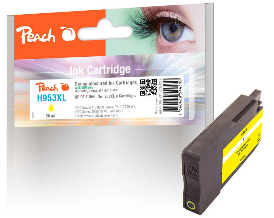 Peach  cartouche d'encre jaune compatible avec
 No. 953XL y, F6U18AE HP OfficeJet Pro 7730