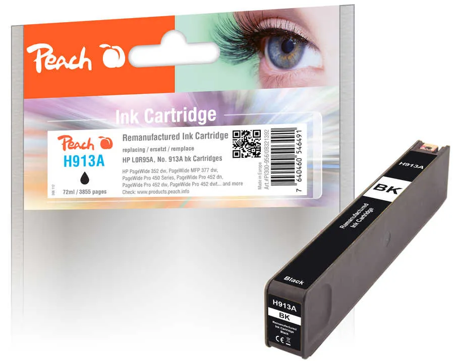 Peach  cartouche d'encre Cartridge noire compatible avec
 No. 913A BK, L0R95AE HP PageWide Pro 477 dn