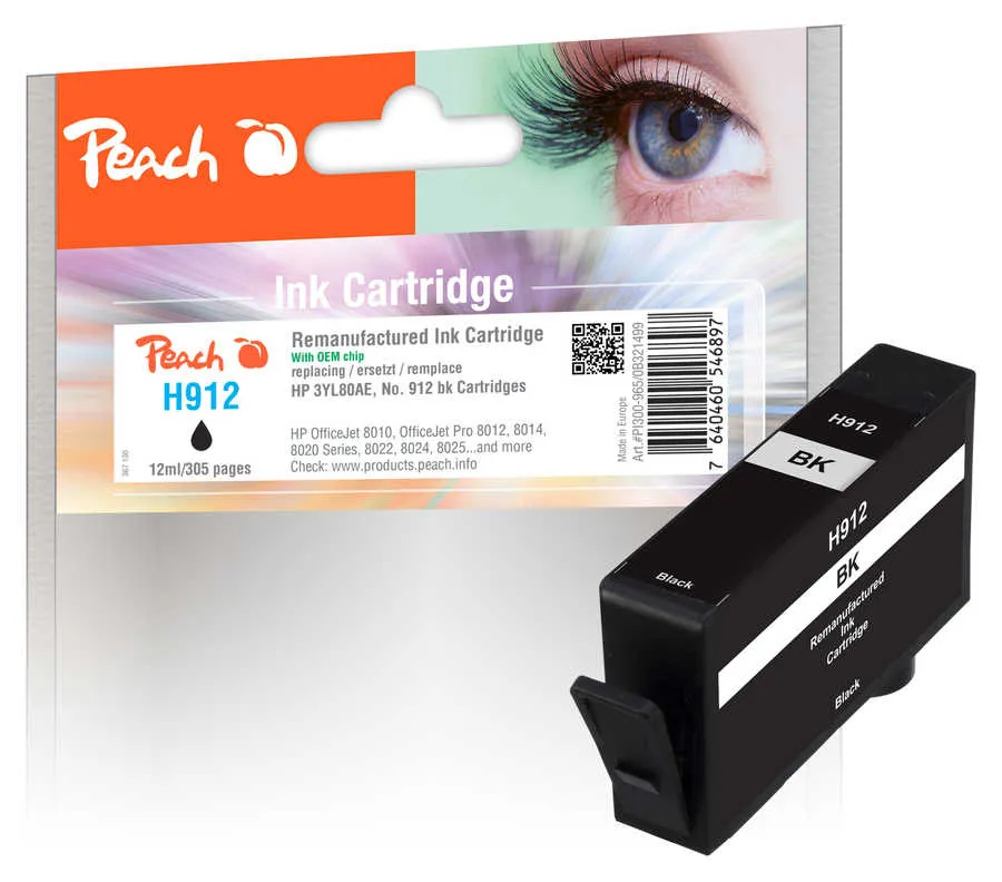 Peach  cartouche d'encre Cartridge noire compatible avec
 No. 912 BK, 3YL80AE HP OfficeJet 8010