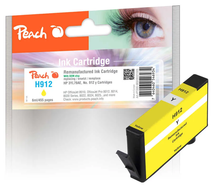 Peach  cartouche d'encre jaune compatible avec
 No. 912 Y, 3YL79AE HP OfficeJet 8010