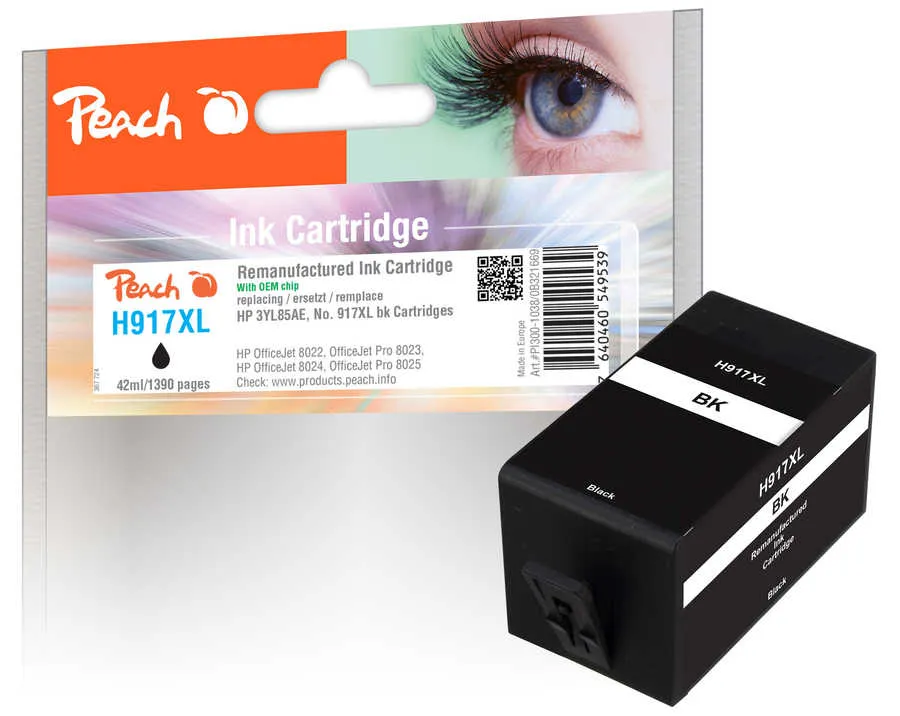 Peach  cartouche d'encre noire HC compatible avec
 No. 917XL BK, 3YL85AE HP OfficeJet Pro 8024