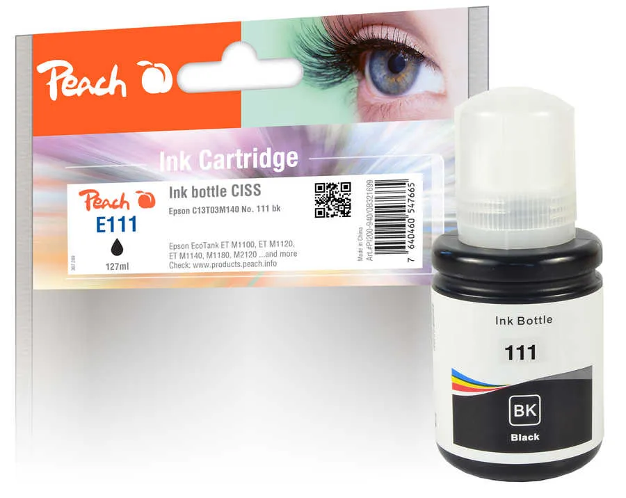Peach  bouteille d'encre pigm. noir compatible avec
 No. 111BK, C13T03M140 Epson EcoTank ETM 3140 wLAN