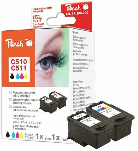 Peach  Multi Pack, compatible avec
 PG-510BK, CL-511C, 2970B001, 2972B001 Canon Pixma MP 240