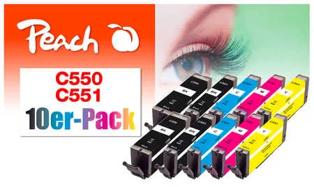 Peach  Pack de 10 cartouches d'encre, compatible avec
 PGI-550, CLI-551 Canon Pixma MX 725