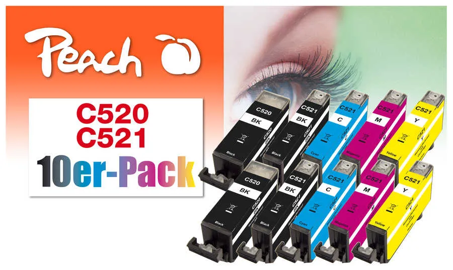 Peach  Pack de 10 cartouches d'encre, compatible avec
 PGI-520, CLI-521, 2934B007 Canon Pixma IP 4600 X