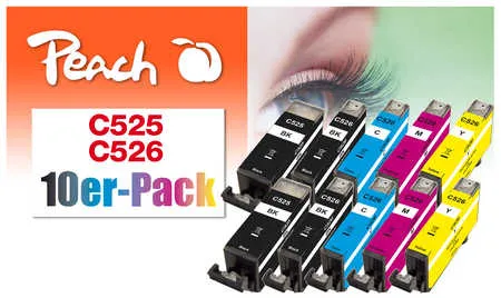 Peach  Pack de 10 cartouches d'encre, compatible avec
 PGI-525, CLI-526, 4541B006 Canon Pixma IP 4850