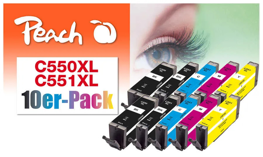 Peach  Pack de 10 cartouches d'encre, compatible avec
 PGI-550XL, CLI-551XL Canon Pixma MX 725