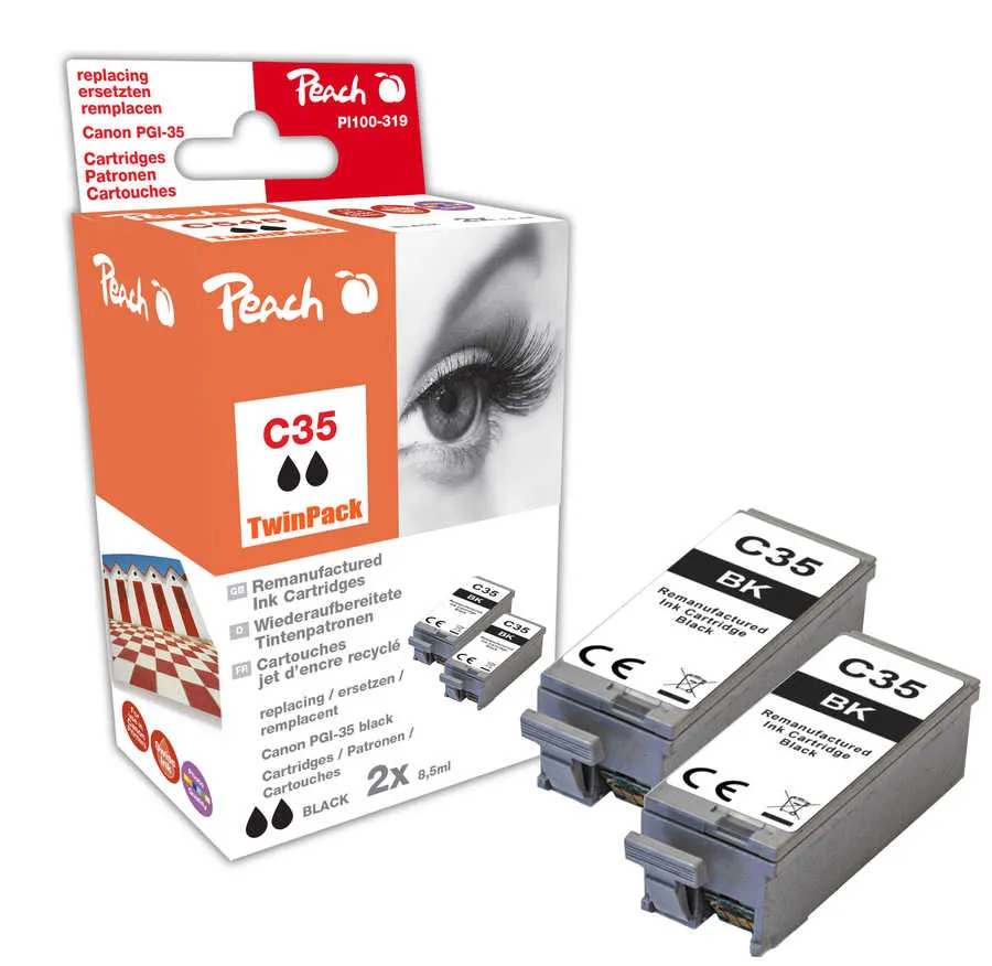 Peach  Twin Pack cartouche d'encre noire, compatible avec
 PGI-35BK*2, 1509B001*2 Canon Pixma IP 110