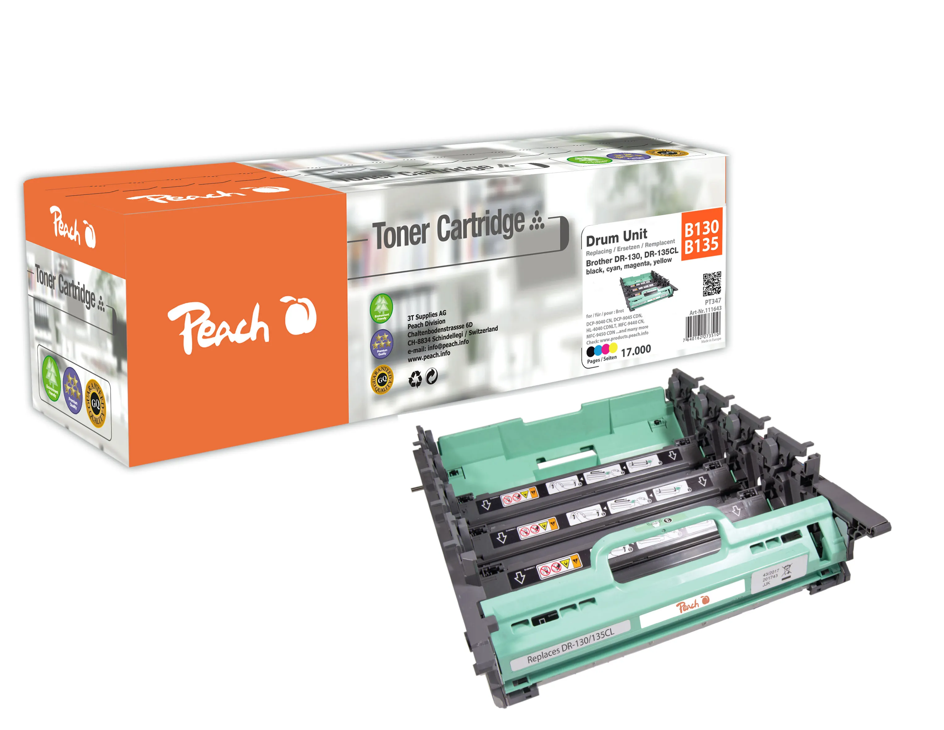 Peach Unité tambour , compatible avec
 DR-130CL, DR-135CL Brother HL-4070 CDW