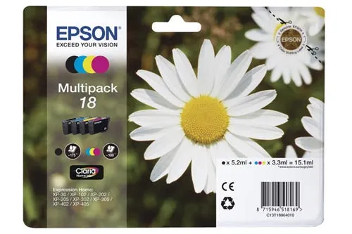 Original Cartouches d'encre Multipack originale BKCMY
 No. 18, C13T18064010 Epson Expression Home XP-302