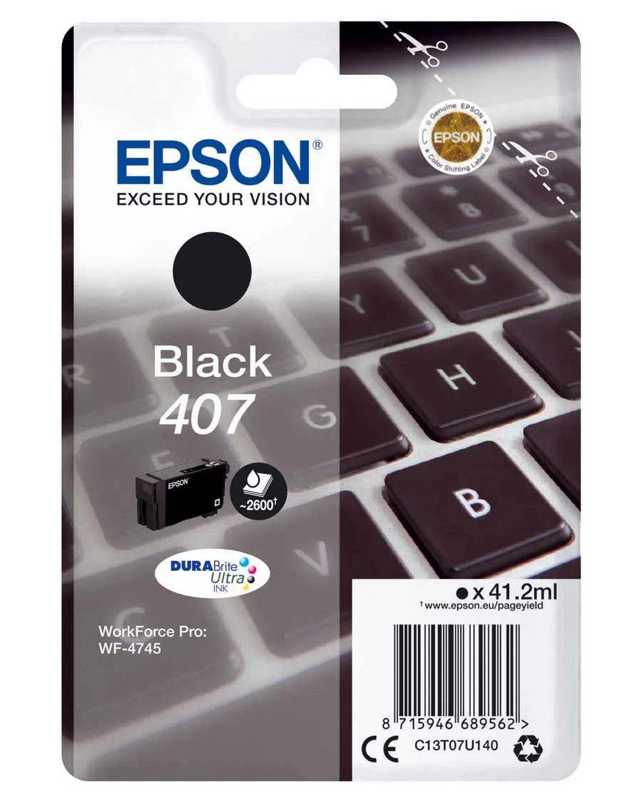 Original Cartouche d'encre noire originale
 No. 407BK, T07U140 Epson WorkForce Pro WF-4745 DTWF