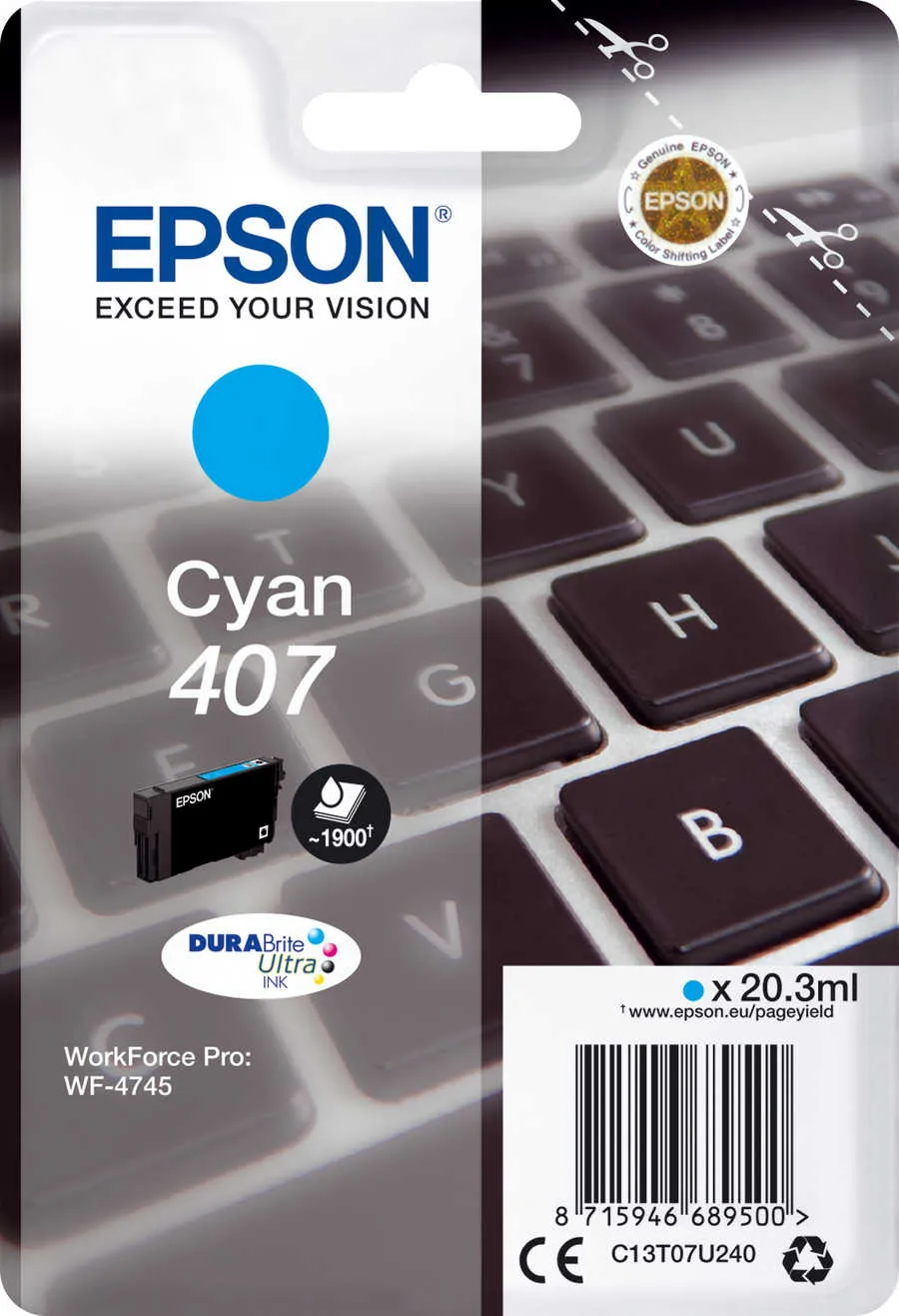 Original Cartouche d'encre cyan originale
 No. 407C, T07U240 Epson WorkForce Pro WF-4745 DTWF
