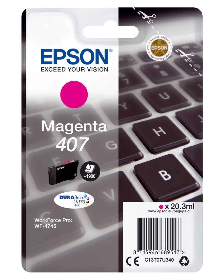 Original Cartouche d'encre magenta originale
 No. 407M, T07U340 Epson WorkForce Pro WF-4745 DTWF