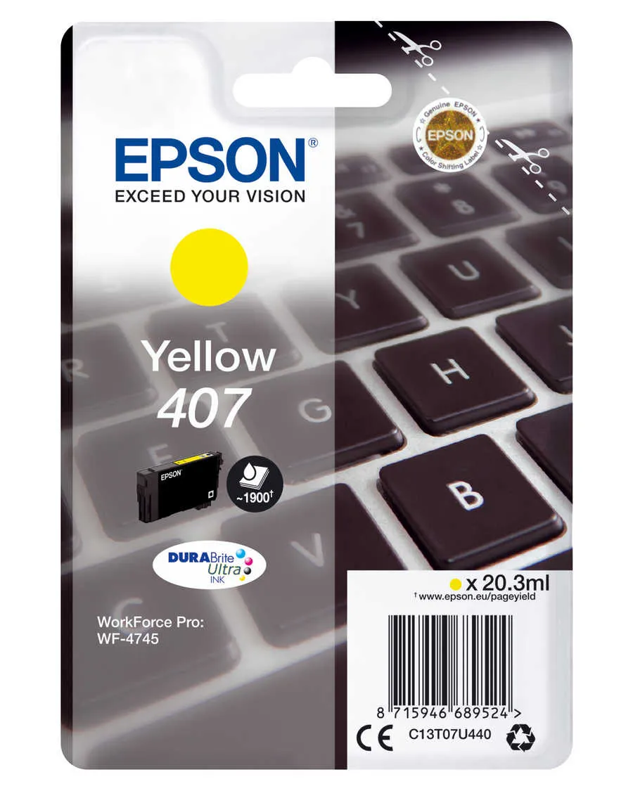 Original Cartouche d'encre jaune originale
 No. 407Y, T07U440 Epson WorkForce Pro WF-4745 DTWF