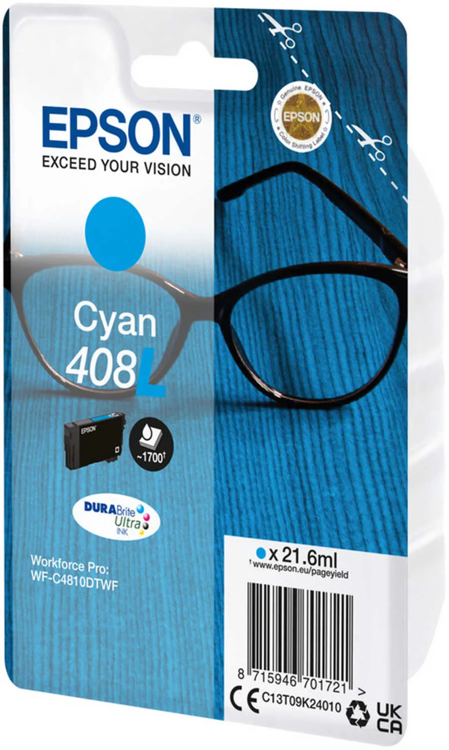 Original Cartouche d'encre cyan originale
 No. 408L, T09K240 Epson WorkForce Pro WFC 4310 DW