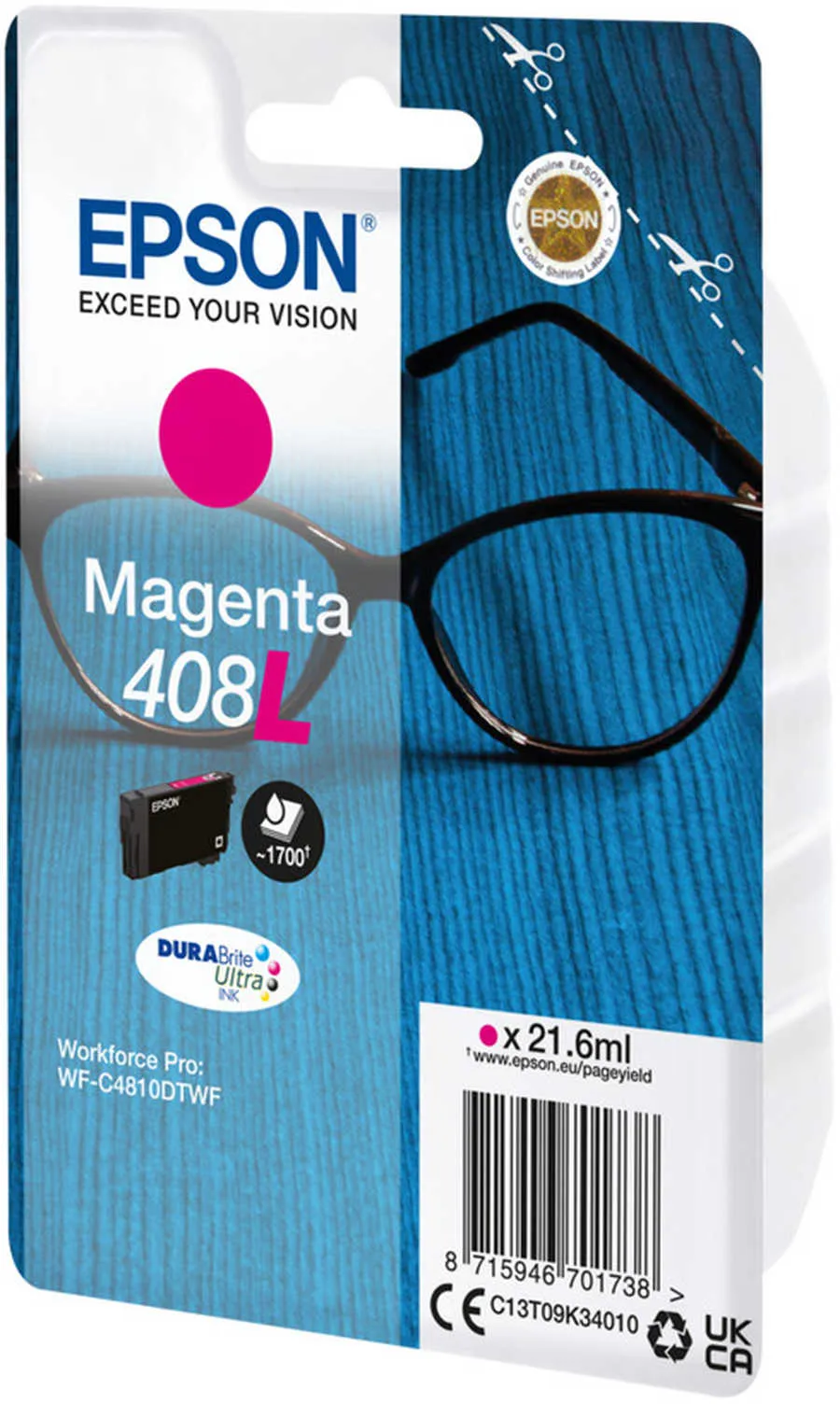Original Cartouche d'encre magenta originale
 No. 408L, T09K340 Epson WorkForce Pro WFC 4310 DW