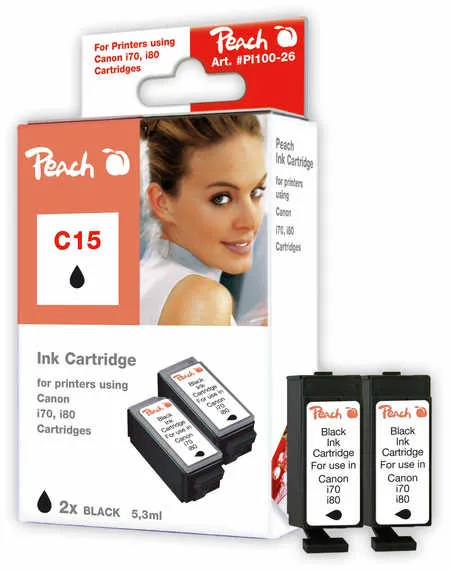 Peach 2 cartouches d'encre noire  compatibles avec
 BCI-15BK*2, 8190A002 Canon Pixma IP 90